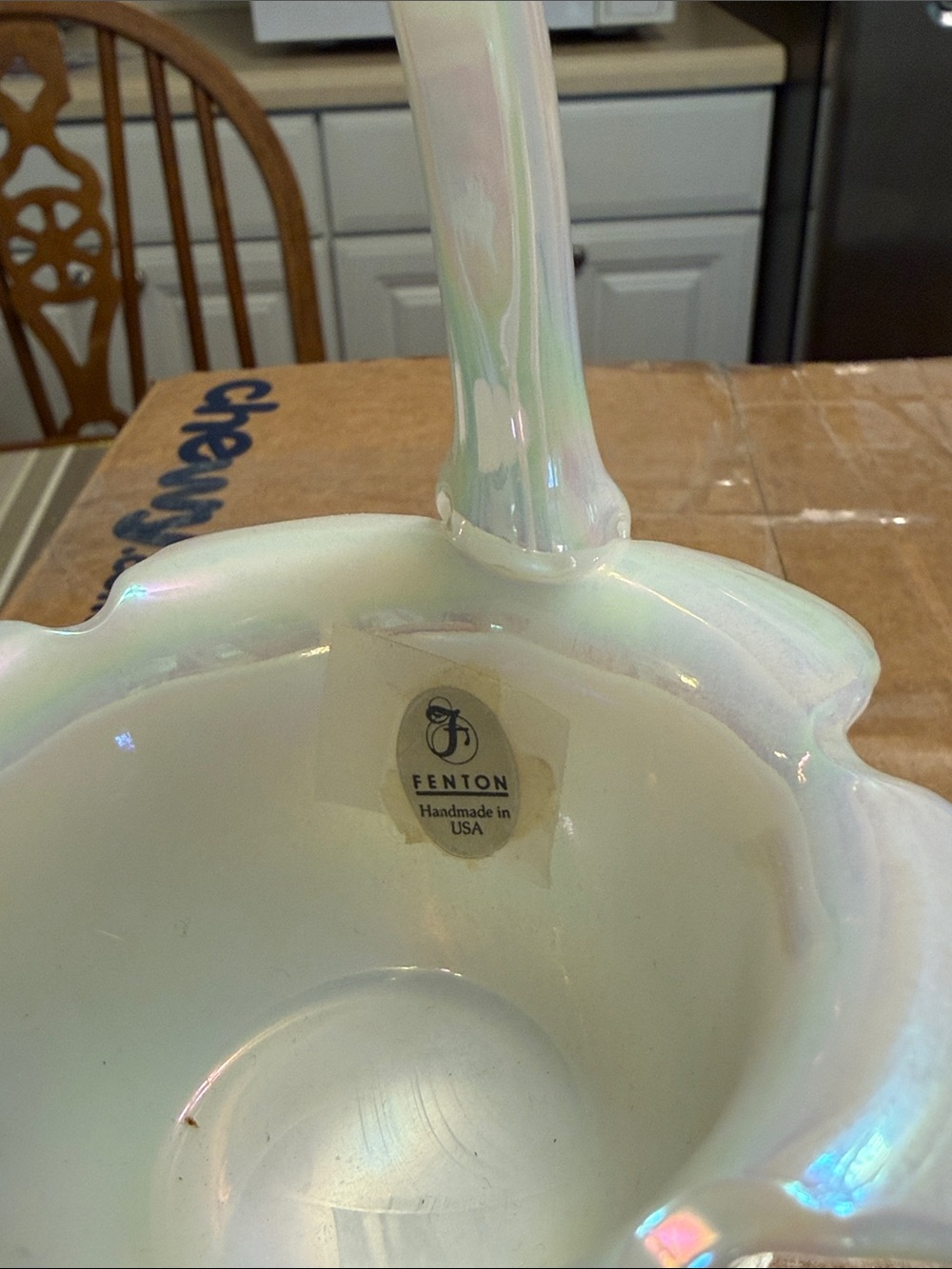 Fenton Iridescent Opalescent White Handled Basket
